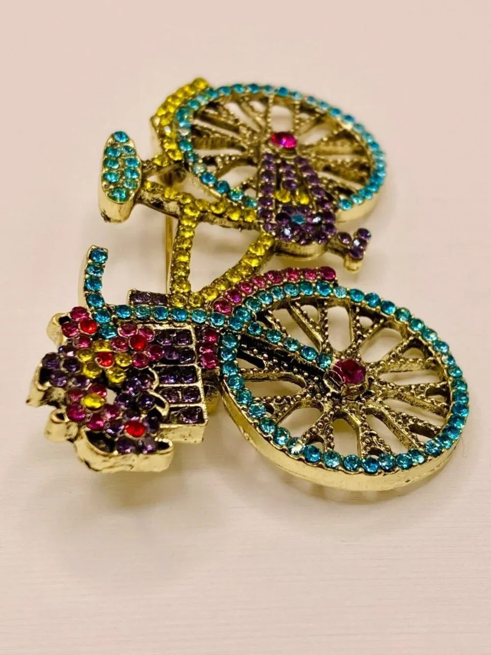 Bicycle Brooch Colorful Rhinestones & Gold-Tone Finish -32B - Picture 2 of 5